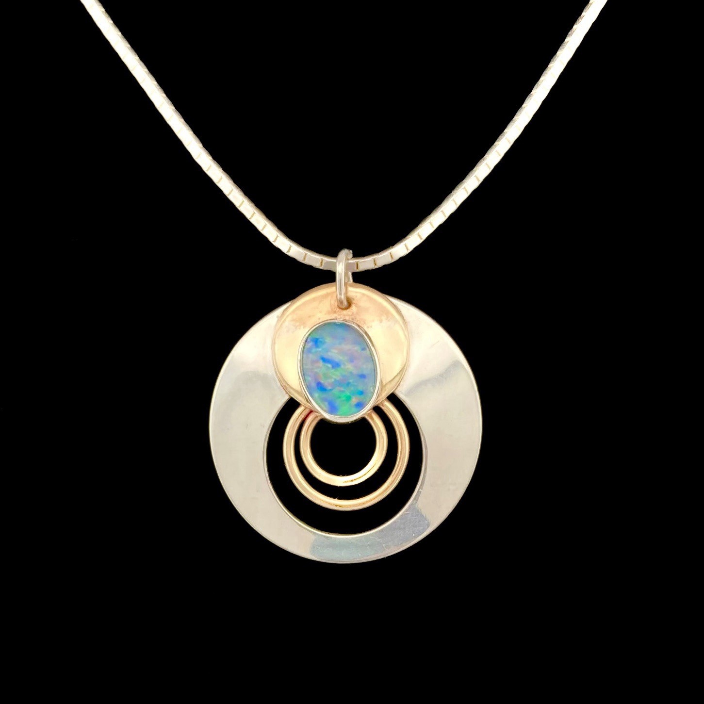 Vtg Modernist Silver Gold & Blue Opal Disc + Sterling Necklace – Diagonal Italy