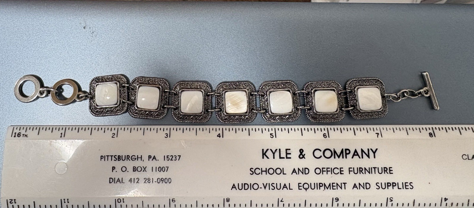 Vintage 1980s Mother Of Pearl Silver Tone Bracelet Square Links