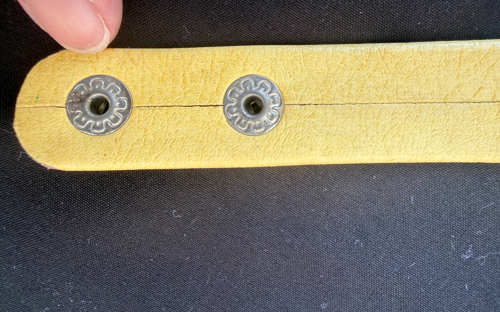 Vintage Yellow Leather Snap Cuff Band with enamel and rhinestone floral cluster