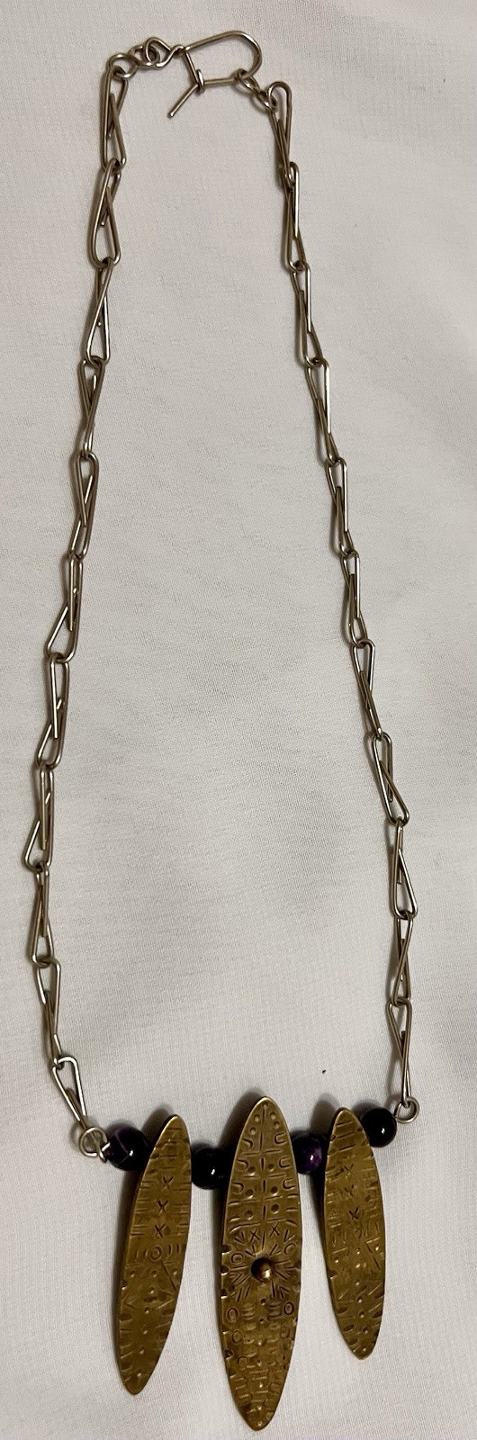 Abstract BRUTALIST Brass Metal AMETHYST BEAD PENDANT & Necklace Chain VINTAGE