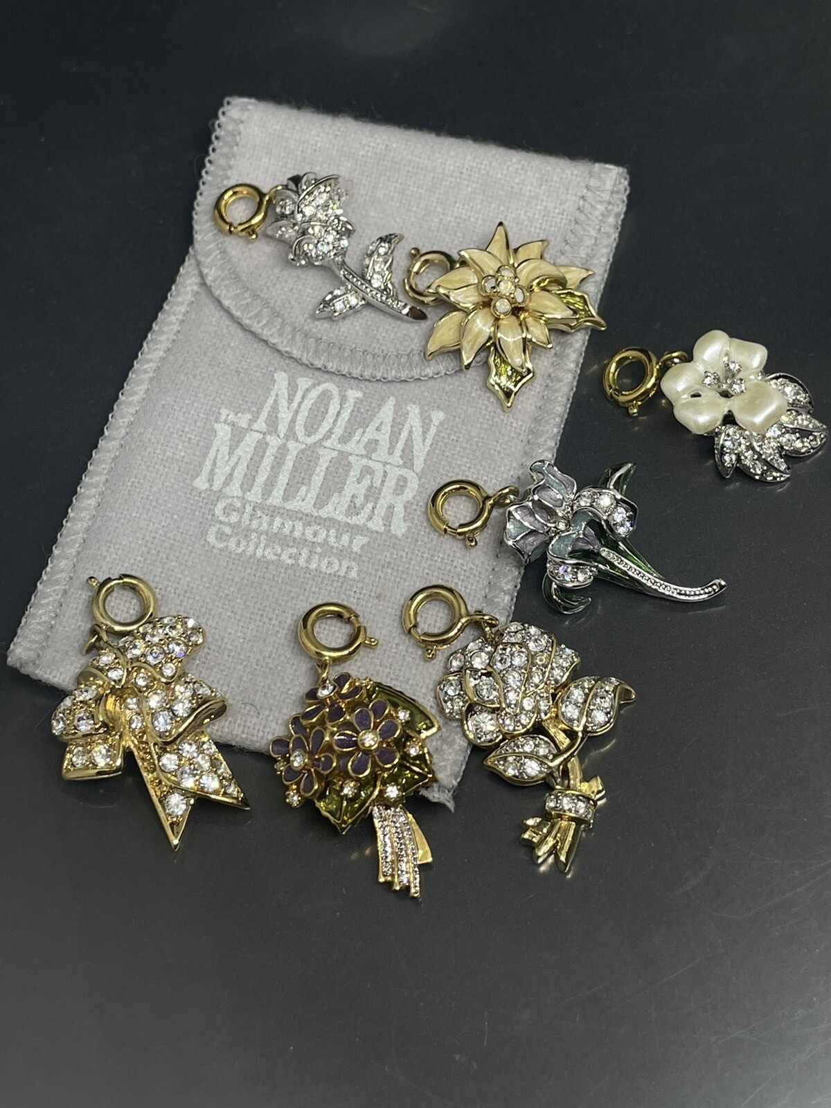 VTG Signed Nolan Miller Glamour Collection Set Of 7 Flowers Bow In Pouch Charms