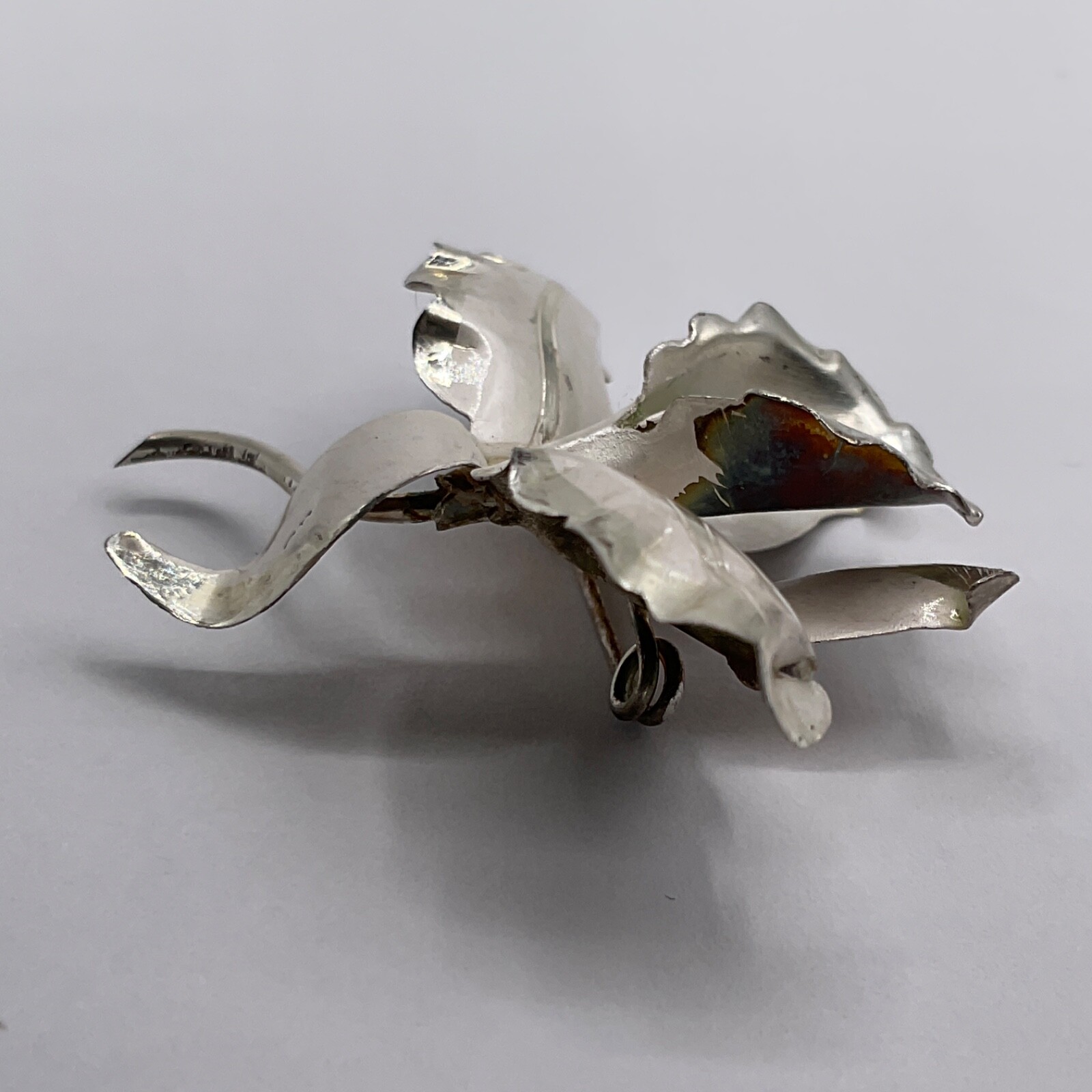 VTG Brooch Pin Orchid Flower Floral 900 Silver May Birthstone Raw Emerald Jewel
