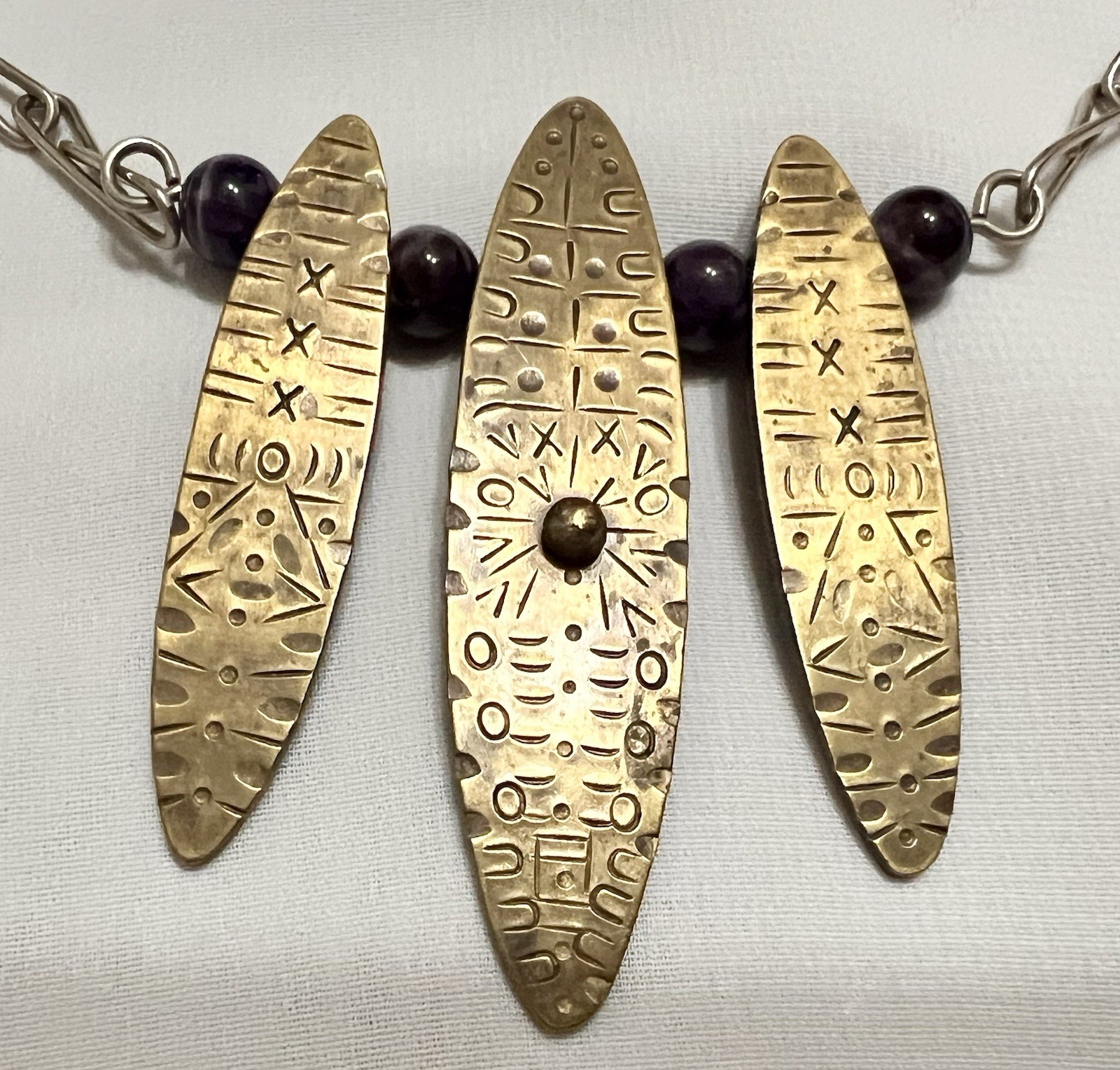 Abstract BRUTALIST Brass Metal AMETHYST BEAD PENDANT & Necklace Chain VINTAGE