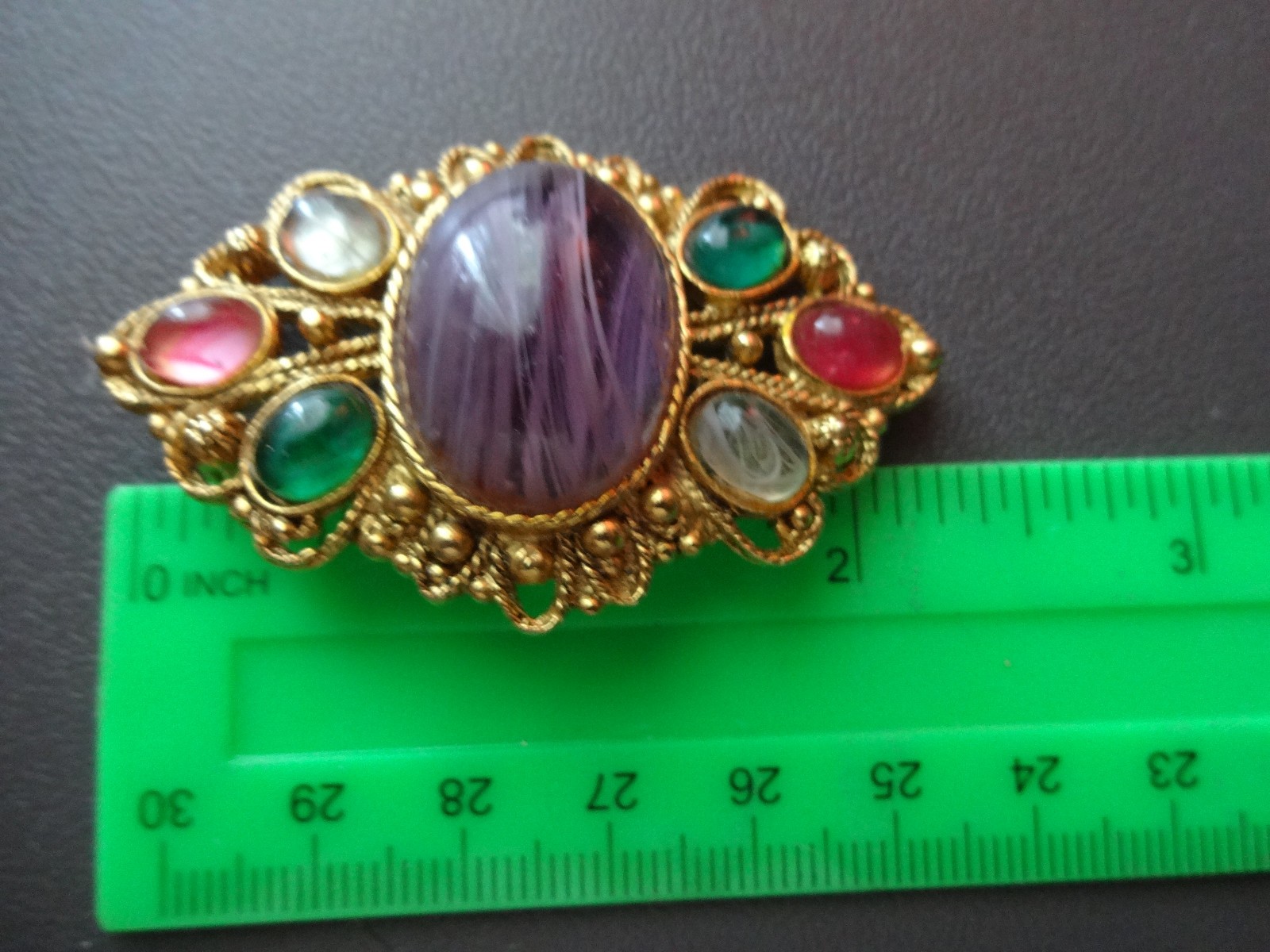 Vtg Gripoix Poured Slag Glass Mogul Multicolor Rhyinestone Jeweled Brooch