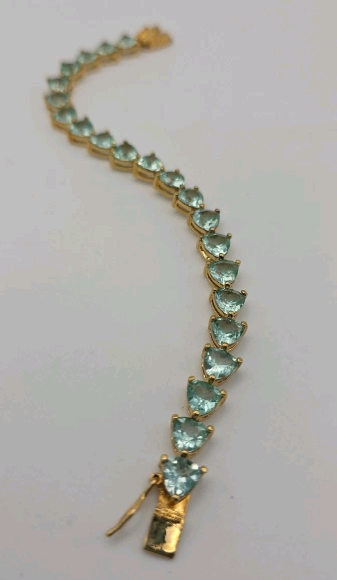 Aqua Blue Green Gold Vermeil Trillion Cut Faux Aquamarine Tennis Bracelet 6.75″