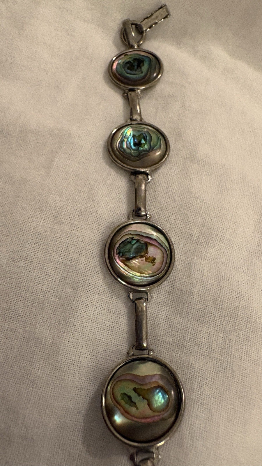 Vintage Hoffman Abalone Shell Link Bracelet Iridescent Paua Silver Tone 7.78”