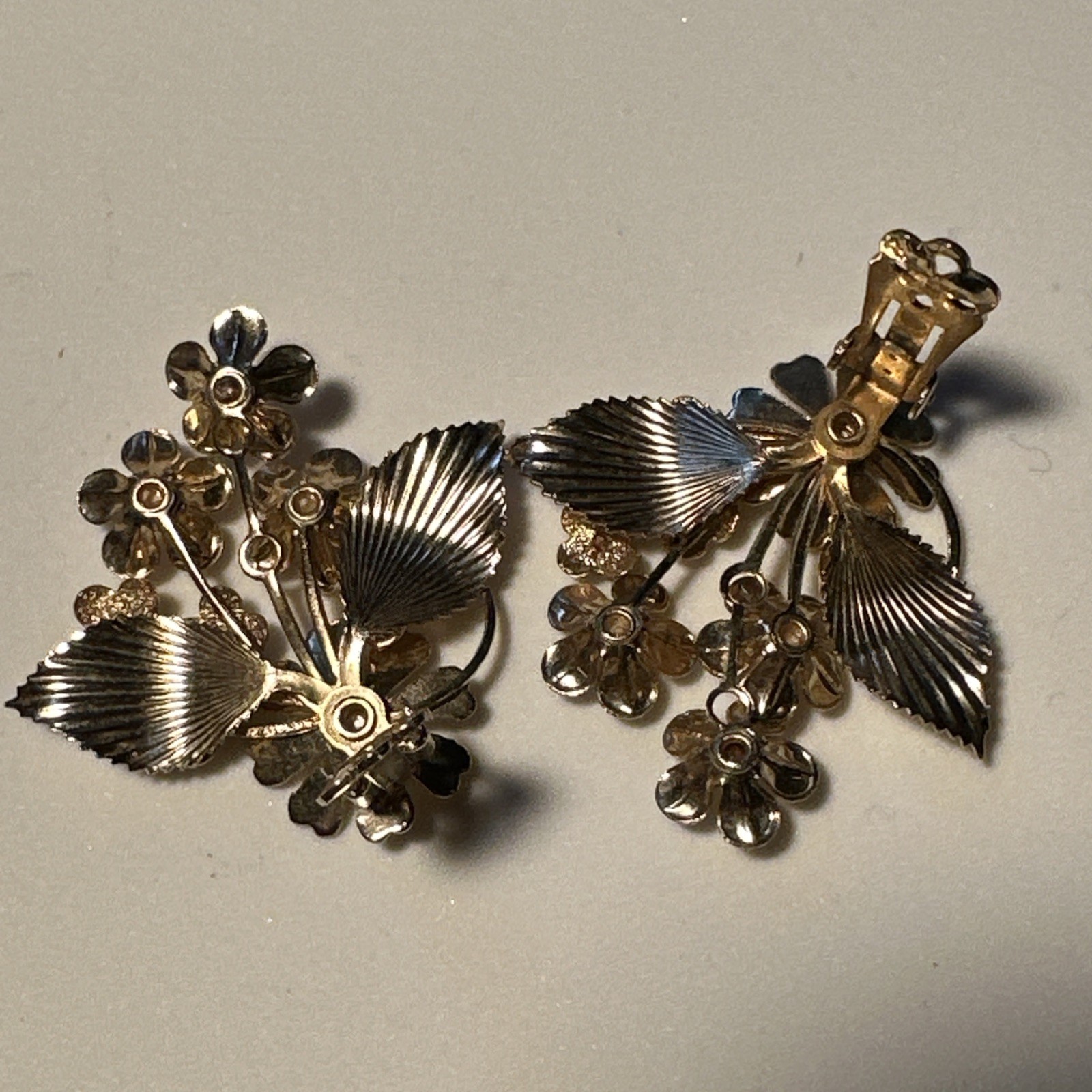 Vintage MCM Coro Clip On Earrings Gold Tone Floral Cluster Faux Pearl Rhinestone