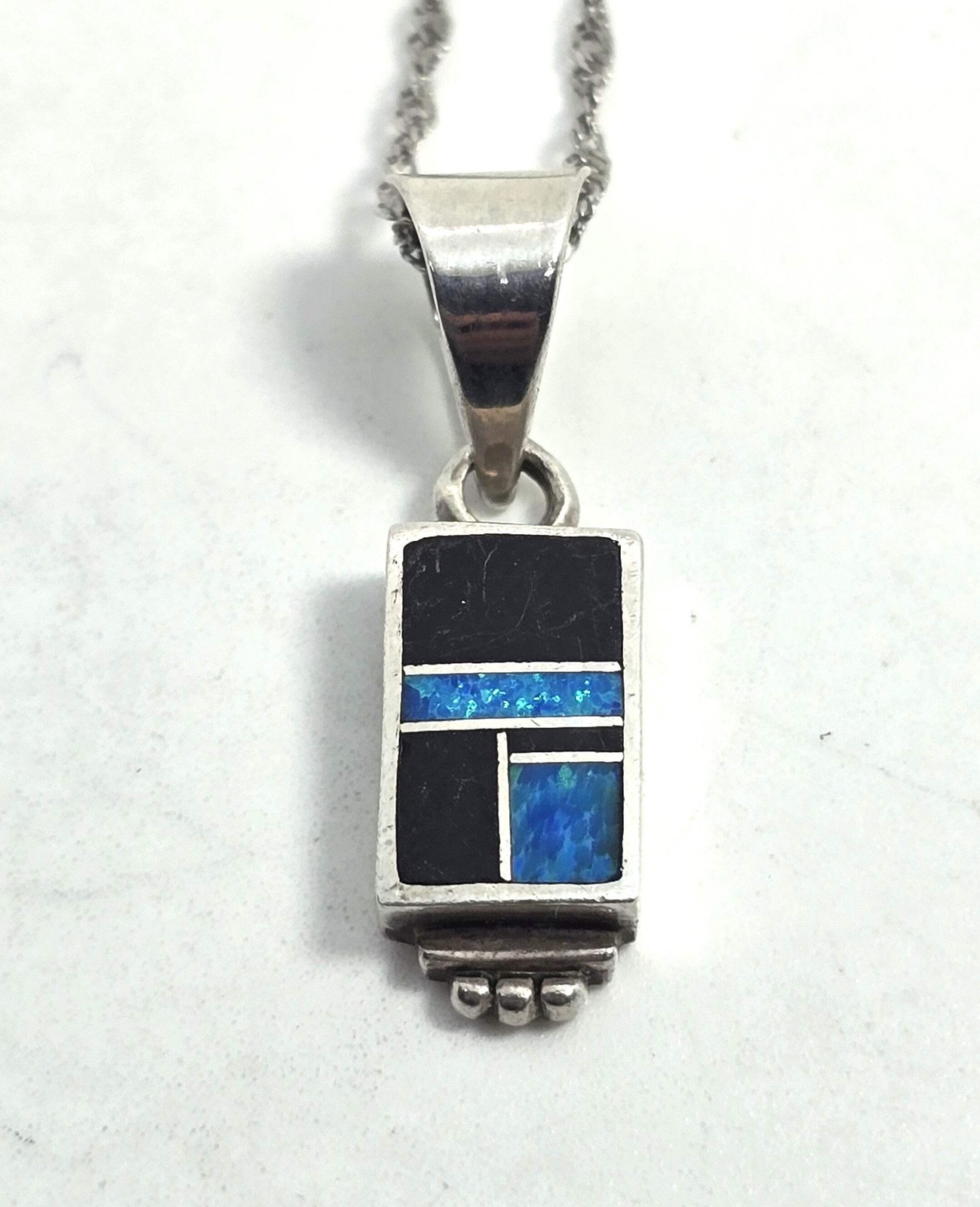 Native Sterling Silver blue fire opal Onyx Inlay Pendant necklace signed H