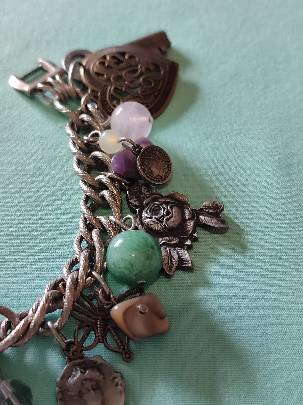 Vintage Loaded Dangle Charm Starter Bracelet Silver Plate Pewter Art Glass Stone