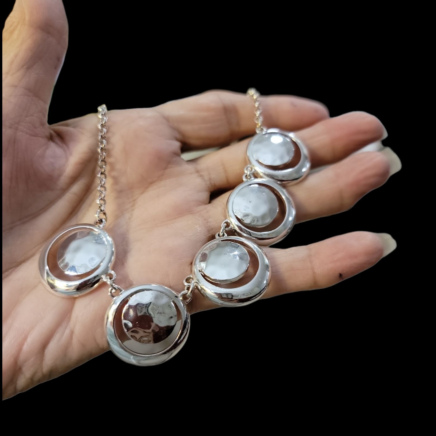 Vtg Liz Claiborne Necklace 5 Silver Tone Double Spheres Orbs Chain Link Tag LC