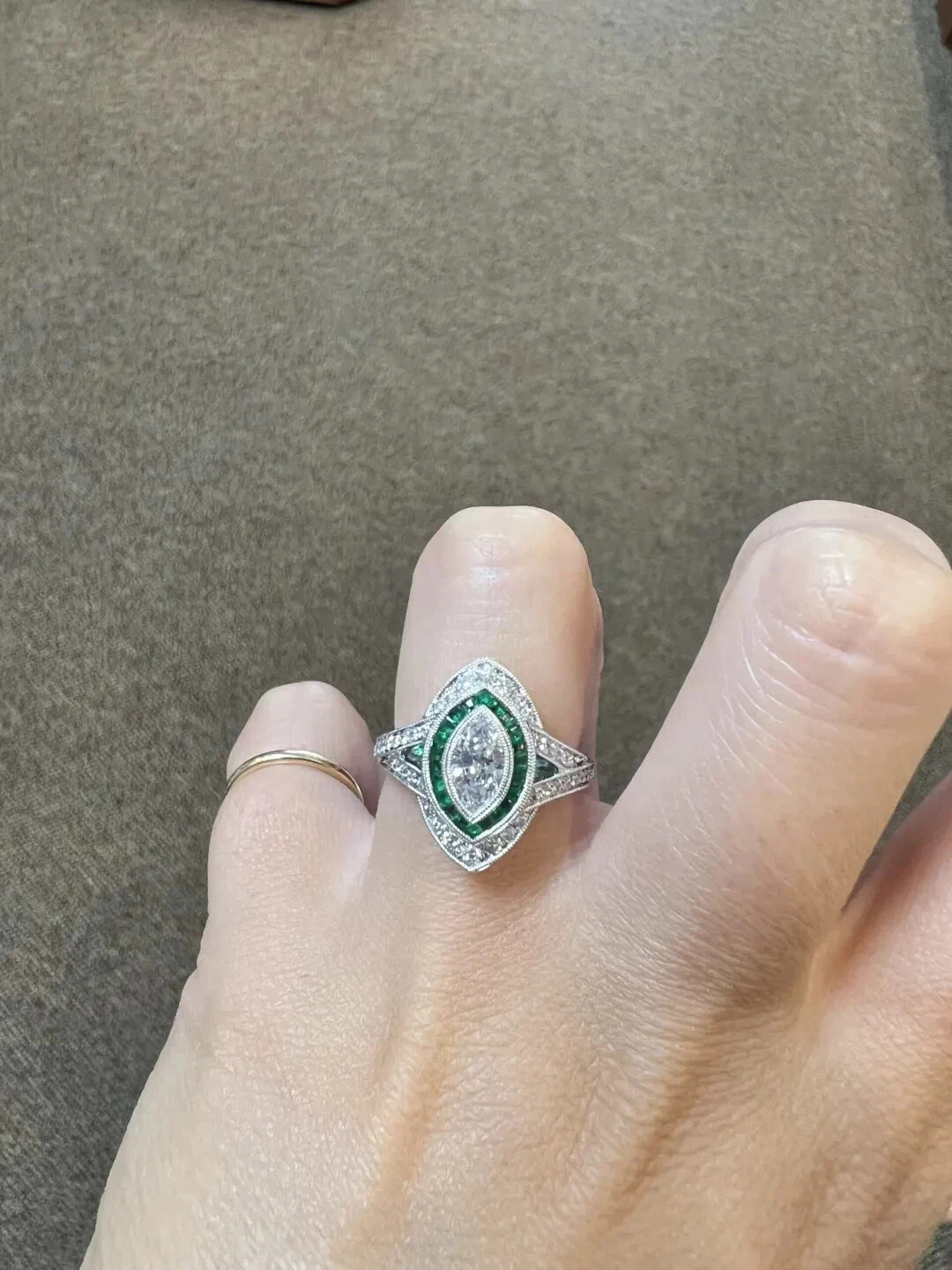 Art Deco Vintage Lab Created Emerald Diamond Engagement & Gift 925 Silver Ring
