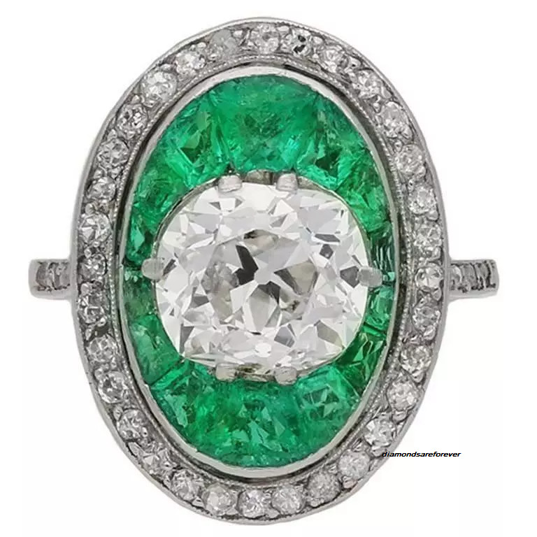 Antique Old Mine Cut Emerald & Cubic Zirconia 4.66TCW Stones Vintage Style Ring