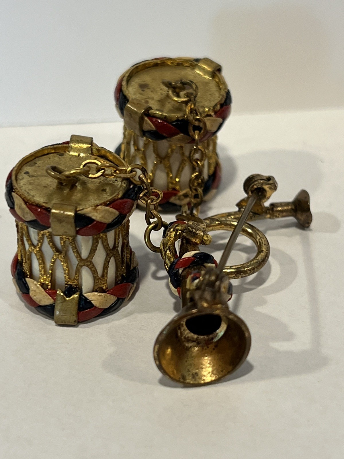 Vintage WW11 Drum & Bugle Sweetheart Pin Patriotic Red White Blue Leather Braid