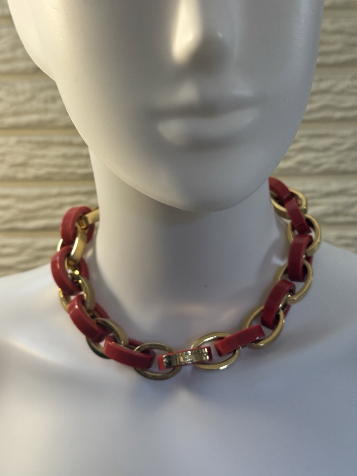 Vintage 1980″s Henri Bendel Chain Link Choker Necklace red lucite and gold plate