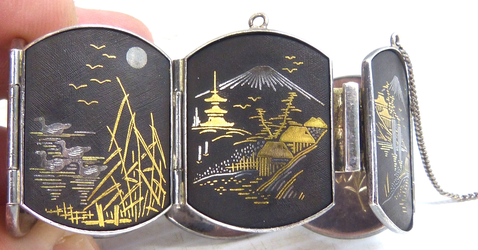 Large Antique Japanese Sterling Silver Bracelet W Mixed Metal Damascene Designs