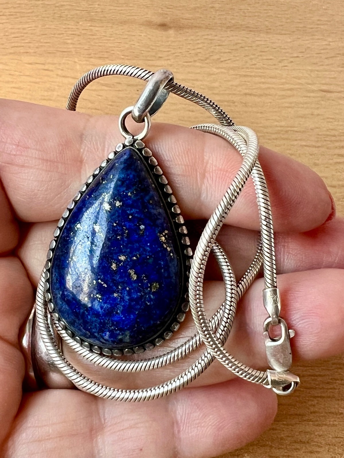 VINTAGE LARGE LAPIS LAZULI PENDANT THICK SNAKE CHAIN NECKLACE 925 STERLING SLVER