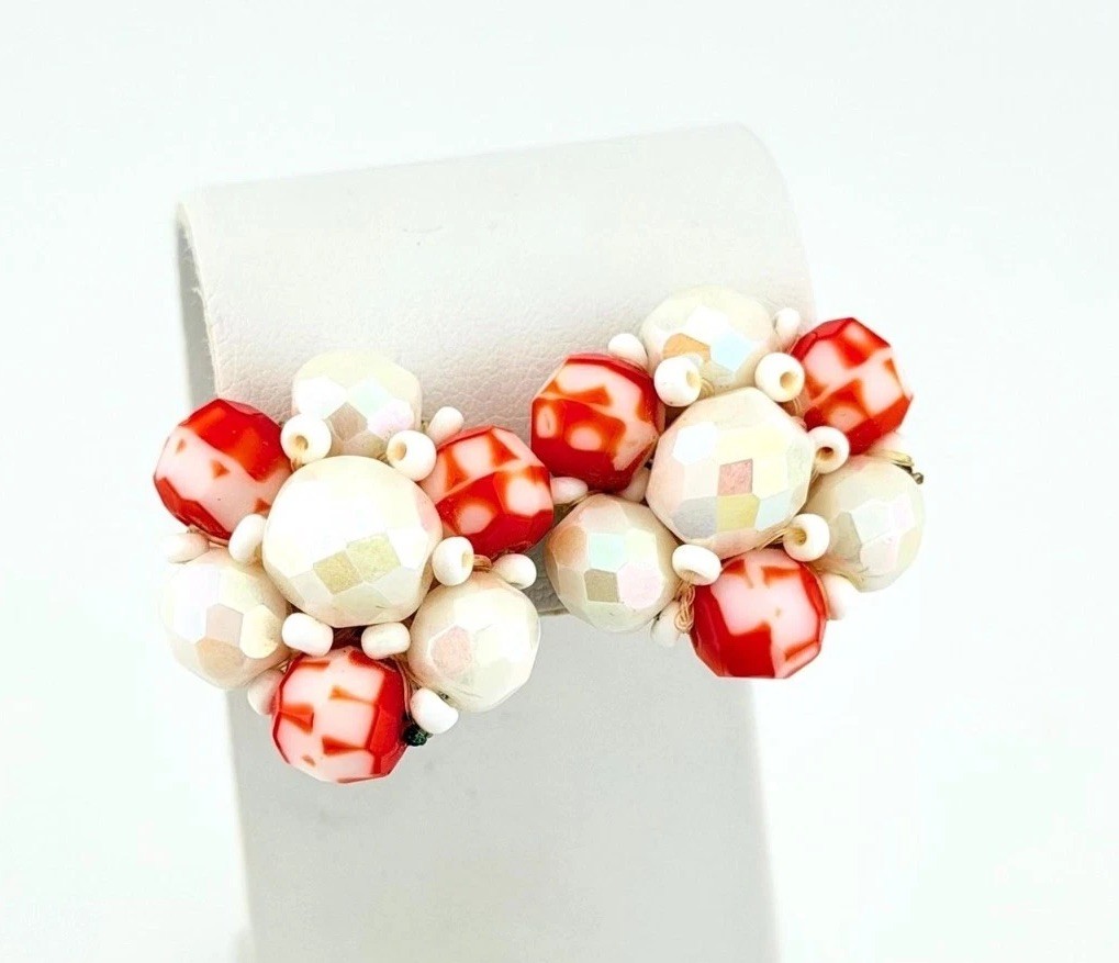 Vintage Orange Beaded White Western Germany Clip On Earrings Speckled Funky GIft