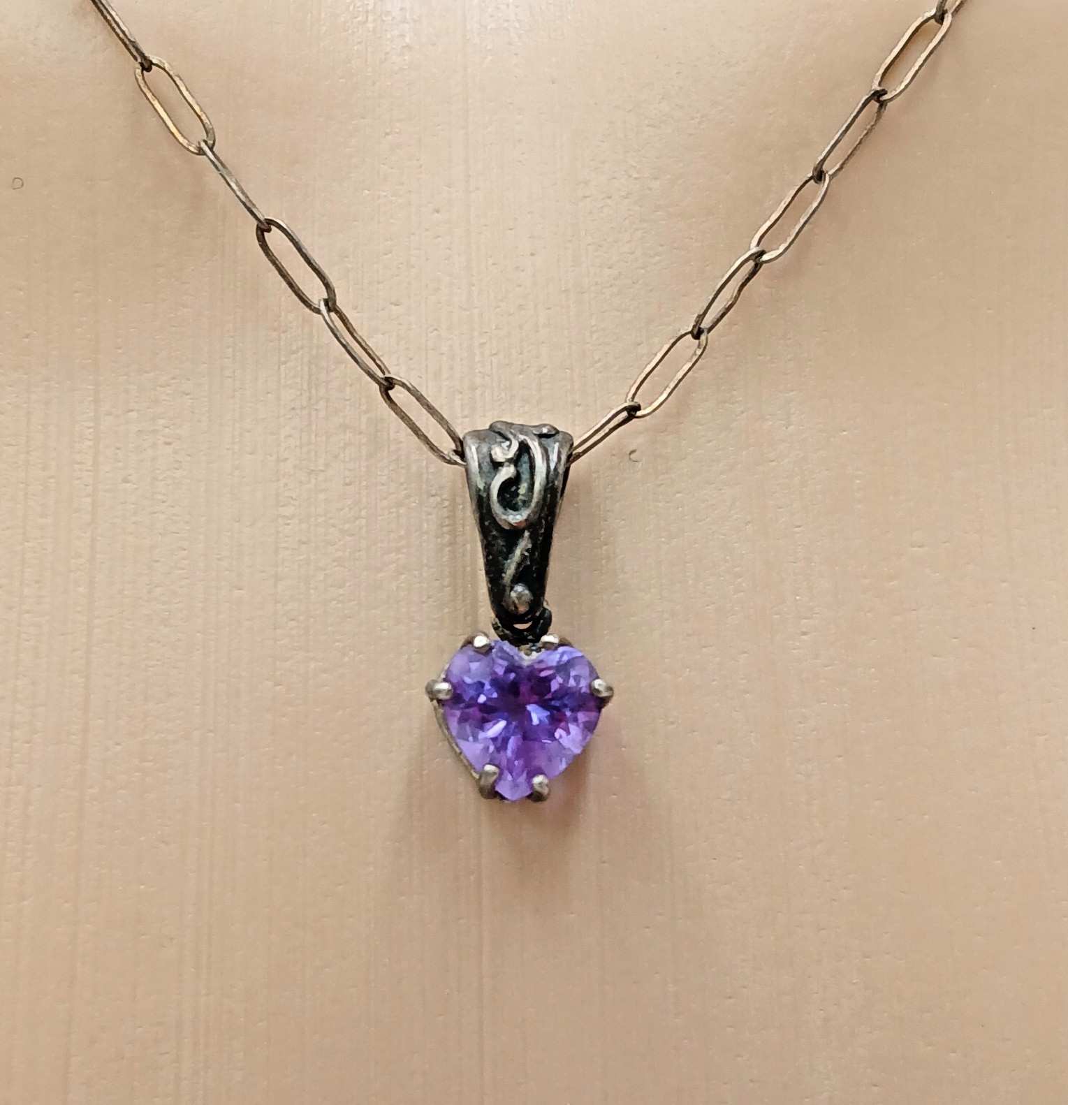 VTG 925 Amethyst CZ Heart Pendant Necklace 24in Sterling Silver 4gtw Scroll Bail