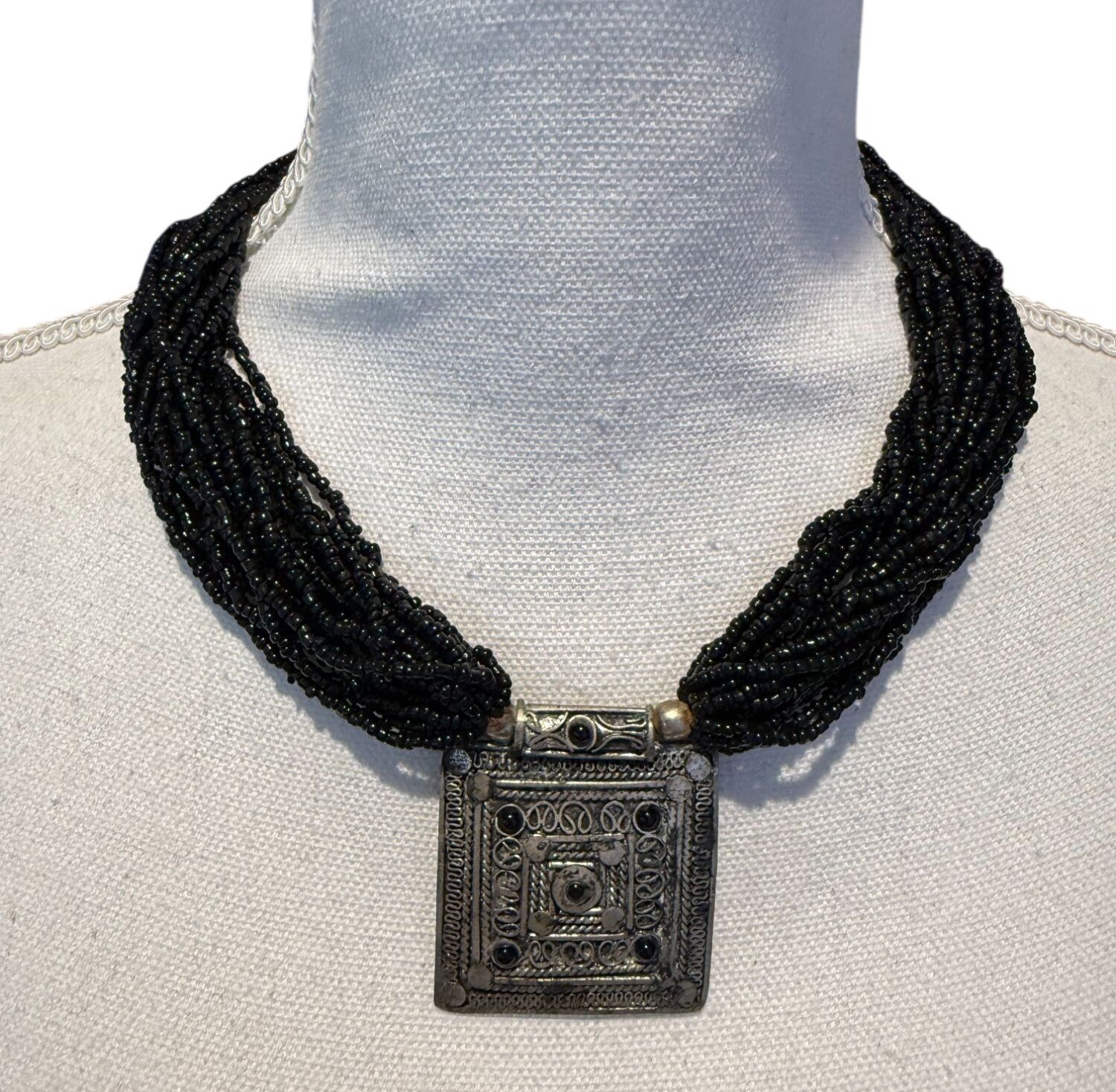 Vintage Multistrand Black Beaded Necklace With Ornate Square Silver-Tone Pendant