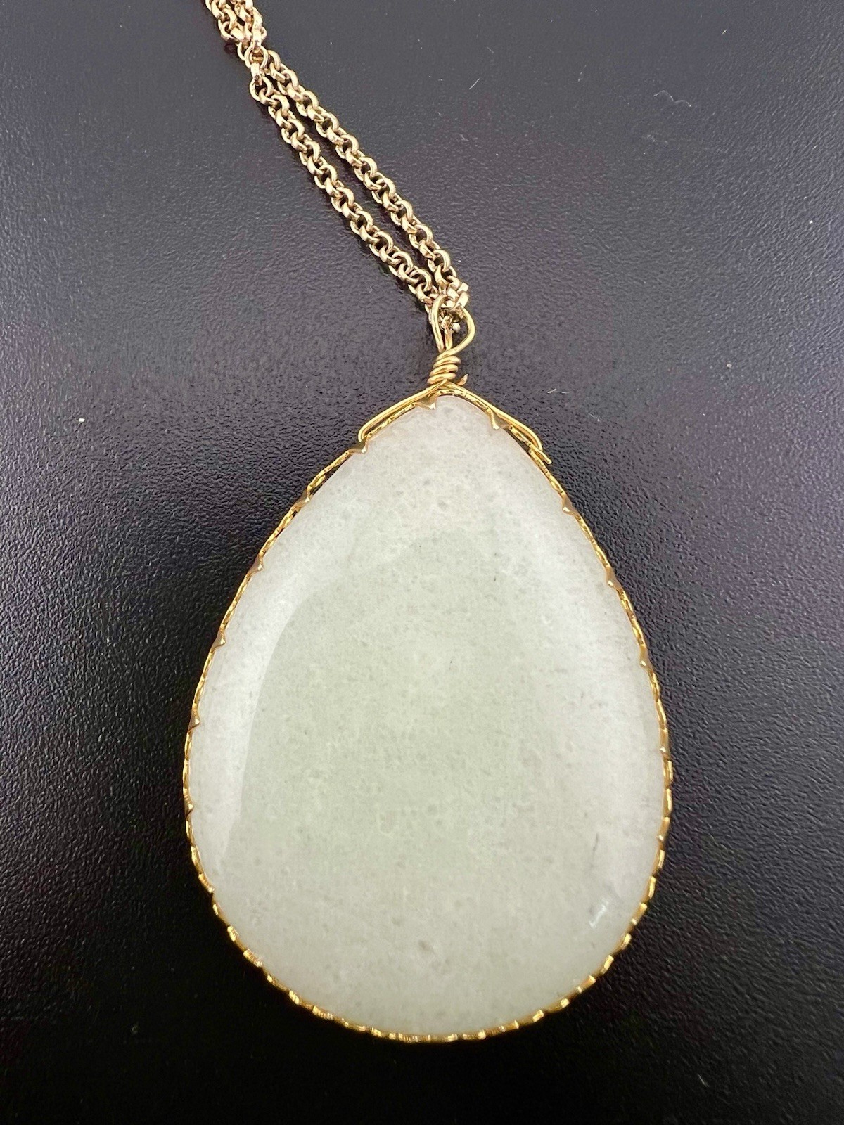 Pale Jade Necklace Statement Teardrop Pendant Gold Tone 30”