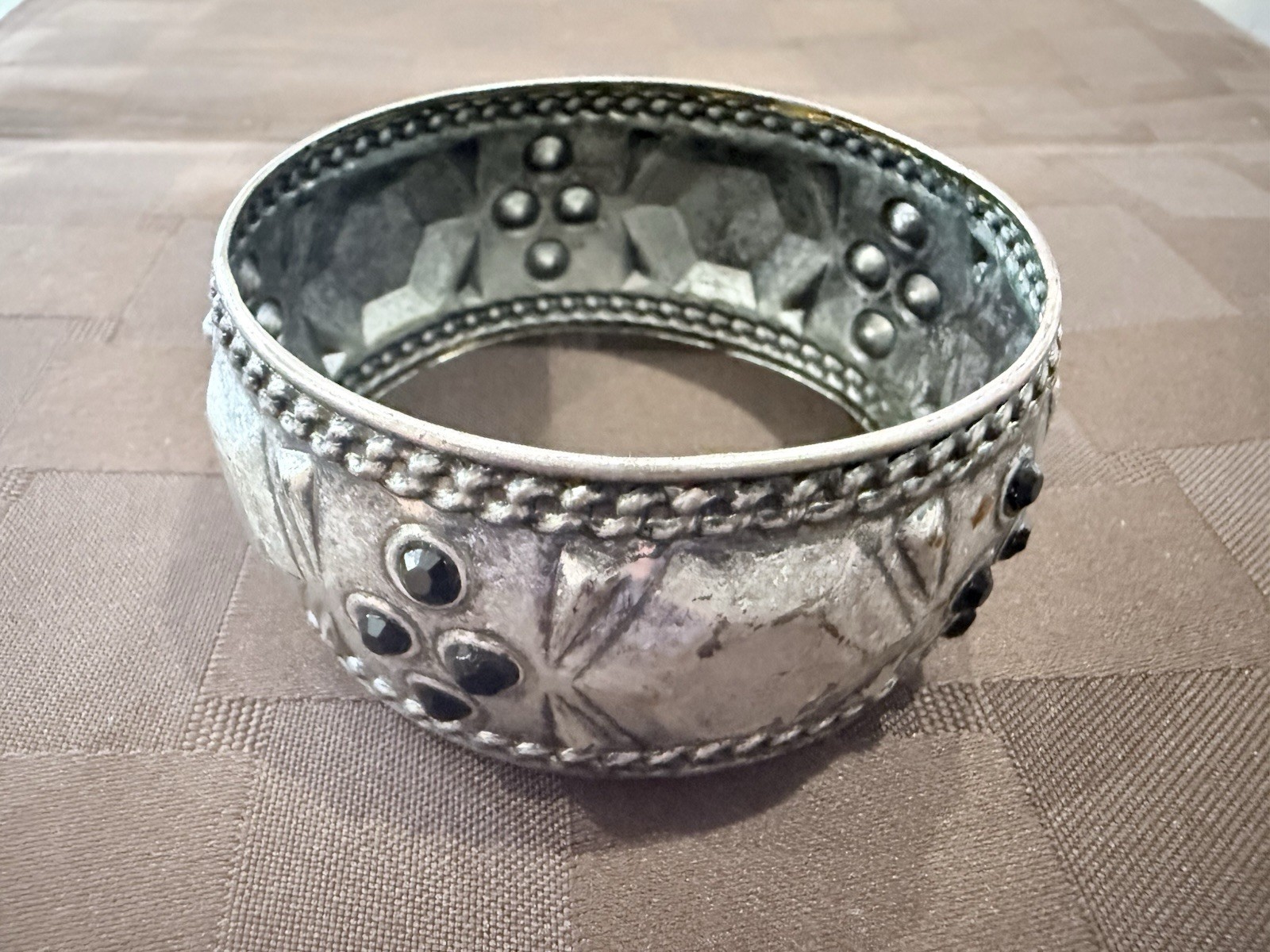 Vintage Wide Silvertone Tribal BangleBracelet with Black Stones
