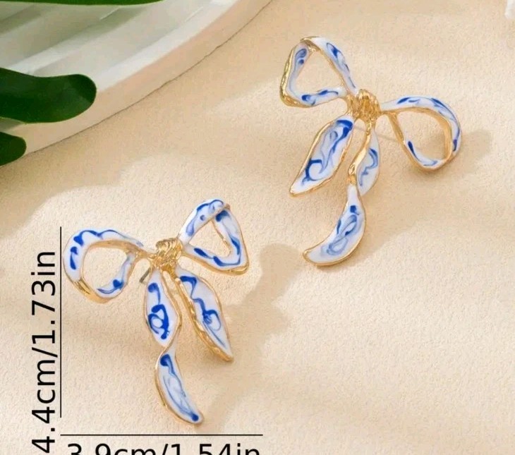 Stunning Goldtone Blue&white Enameled Stud Bow Earrings