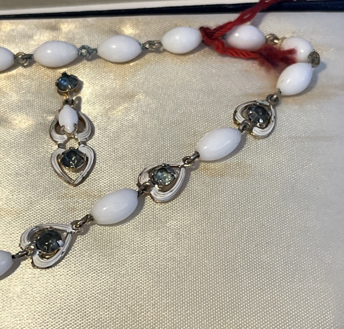 Vtg Jewels Styled by Duane Rhinestone & White Stones Choker Earrings 50s Boxed