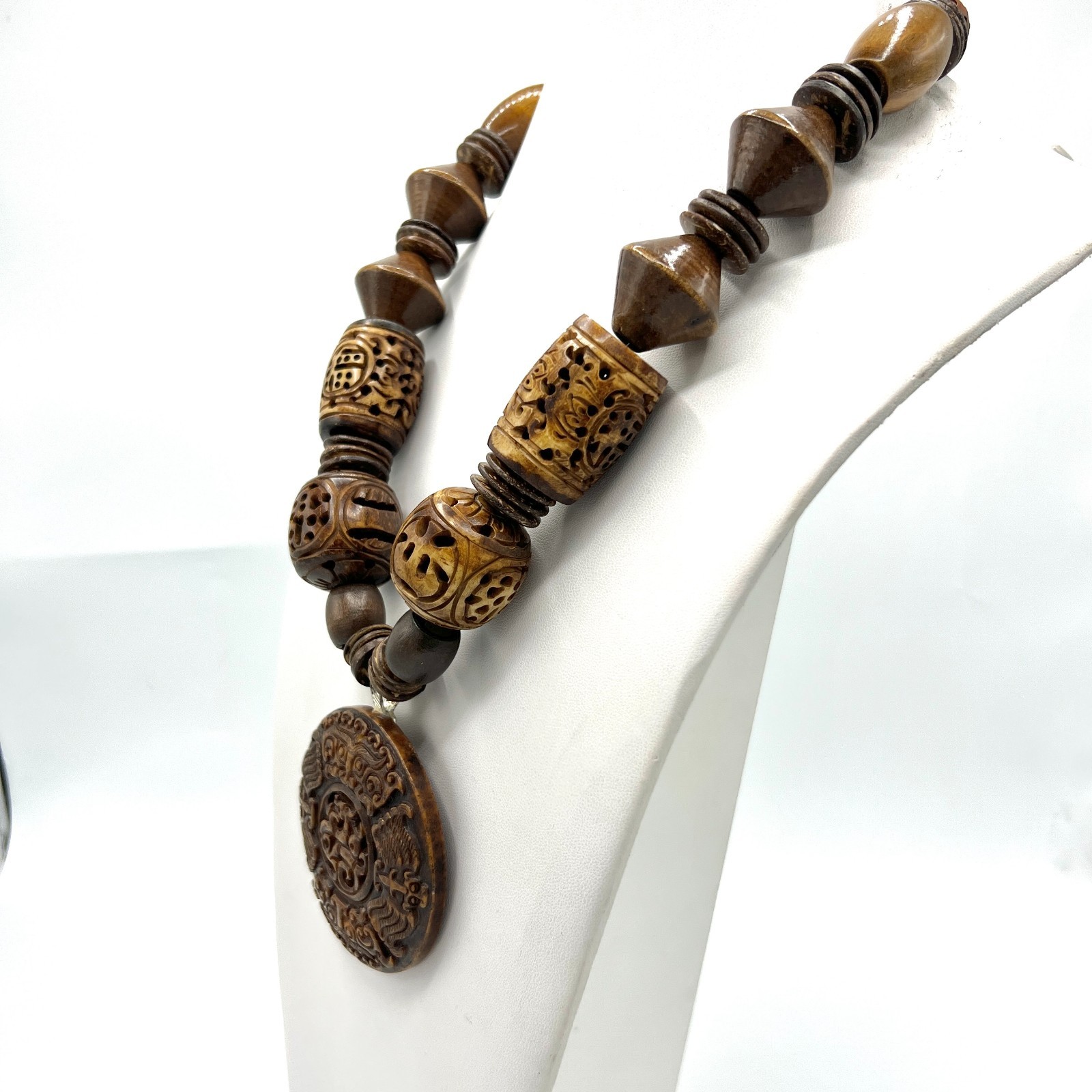 Chunky Vtg Artisan Carved Wood Bead Necklace-Asian Style Ceramic Medal Pendant