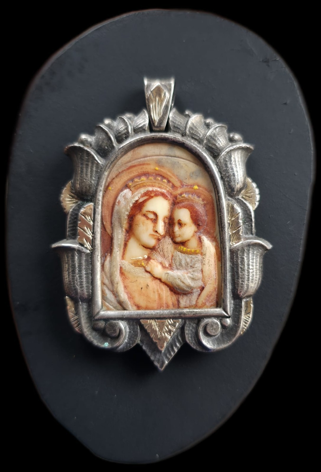 Fine Antique Art Nouveau Silver Gold Madonna Virgin Mary and Jesus Pendant C1900