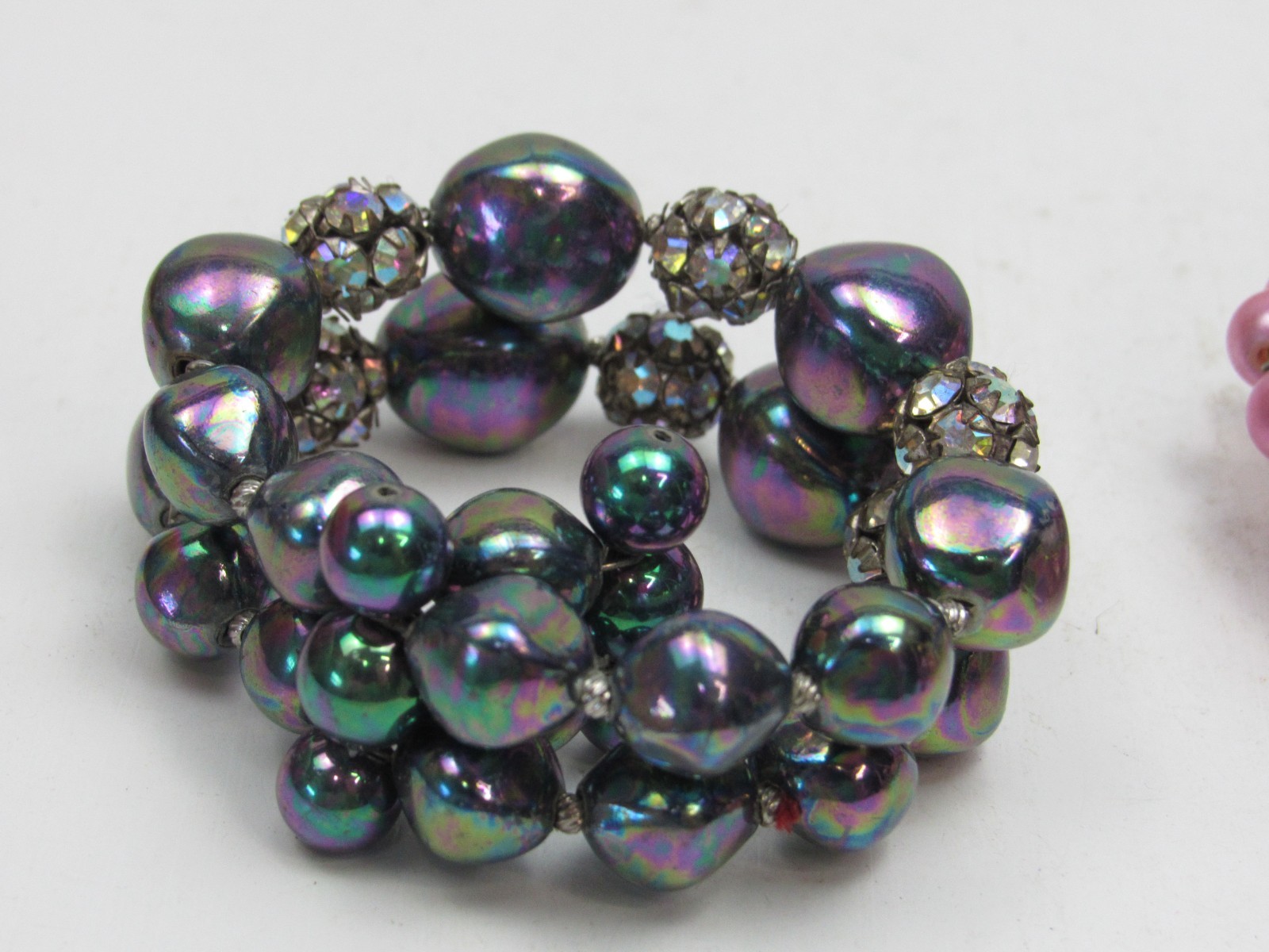 3 Vintage Beaded Stretch Cuff Bracelets Lot Pink Iridescent Rhinestone