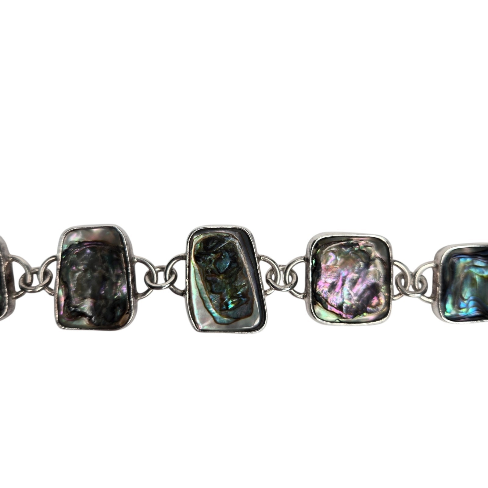 Heavy 925 Sterling Silver Abalone Shell Link Bracelet Artisan Paua Toggle Clasp