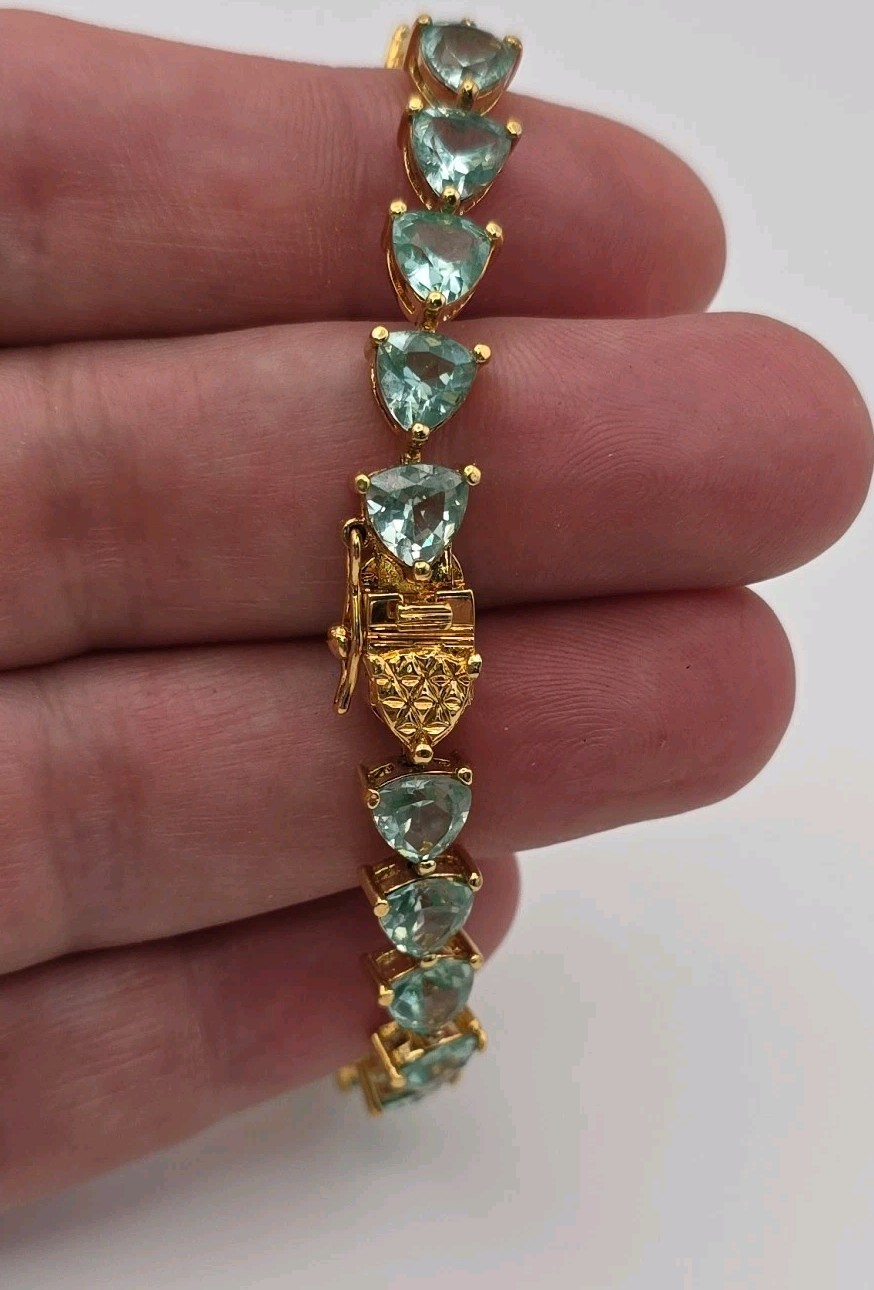 Aqua Blue Green Gold Vermeil Trillion Cut Faux Aquamarine Tennis Bracelet 6.75″