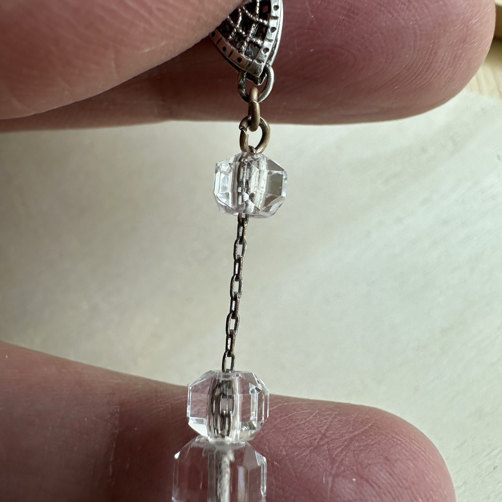 Vintage Deco Graduated Bead Necklace 17 Inch Faceted Clear Crystal 925 Sterling
