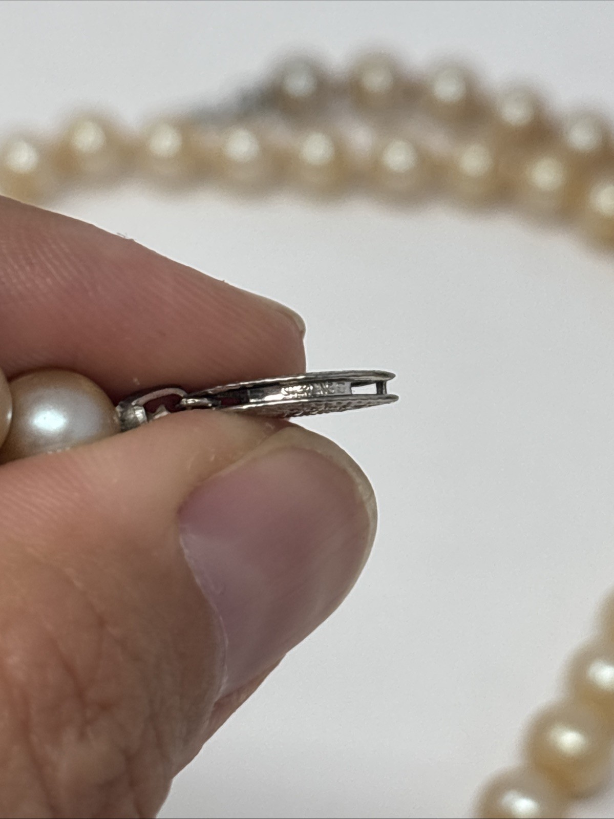 Vintage Art Deco Faux Pearl Necklace Sterling Filigree Fish Hook Clasp