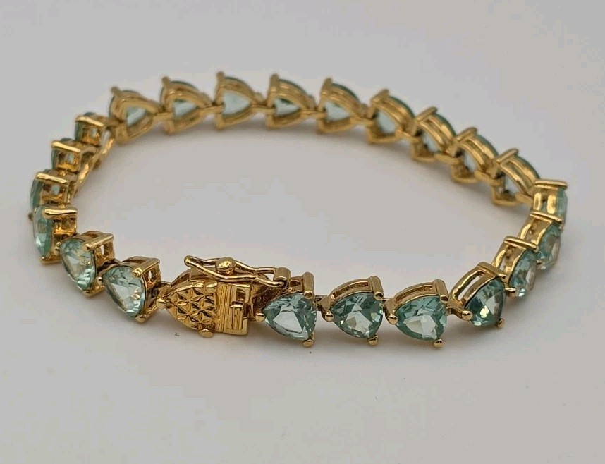 Aqua Blue Green Gold Vermeil Trillion Cut Faux Aquamarine Tennis Bracelet 6.75″