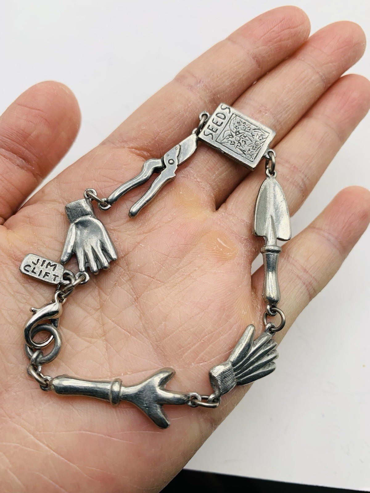 Vintage 7″ Signed Jim Clift Pewter USA Silver Tone Gardening Charm Bracelet