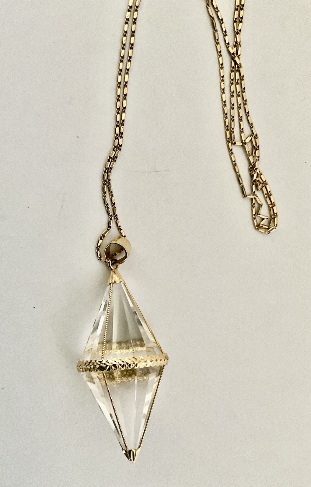 Vintage 14K Rock Crystal Pendulum Pendant Necklace BODHI Plumb Bob 14k chain