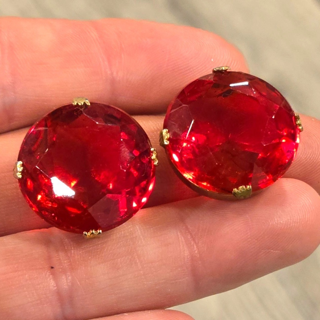 Vintage Red Faceted Glass Clip On Earrings Statement jewelry Glam Retro elegant