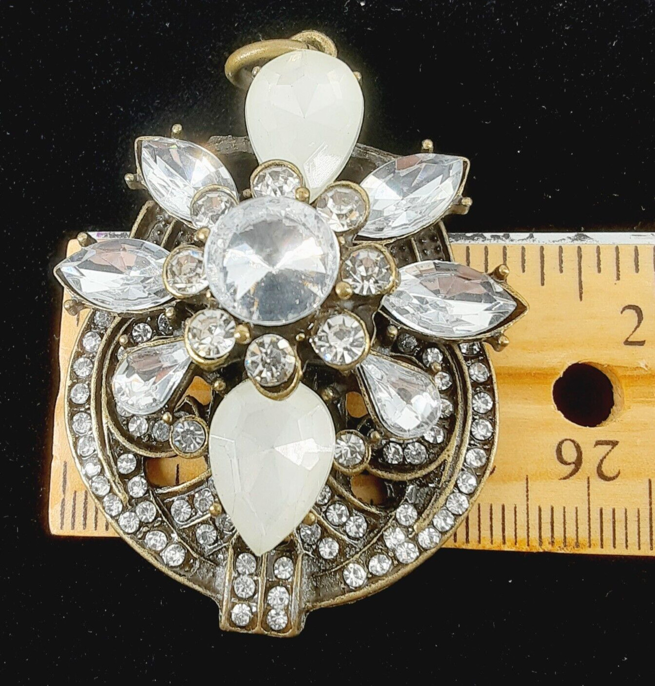 Victorian Inspired Gold Tone Filigree Crystal Rhinestone Oval Pendent No Chain