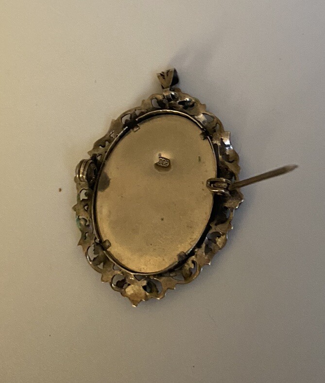 Vintage 800 Silver Filigree Blue Glass Hand Painted Portrait Brooch or Pendant