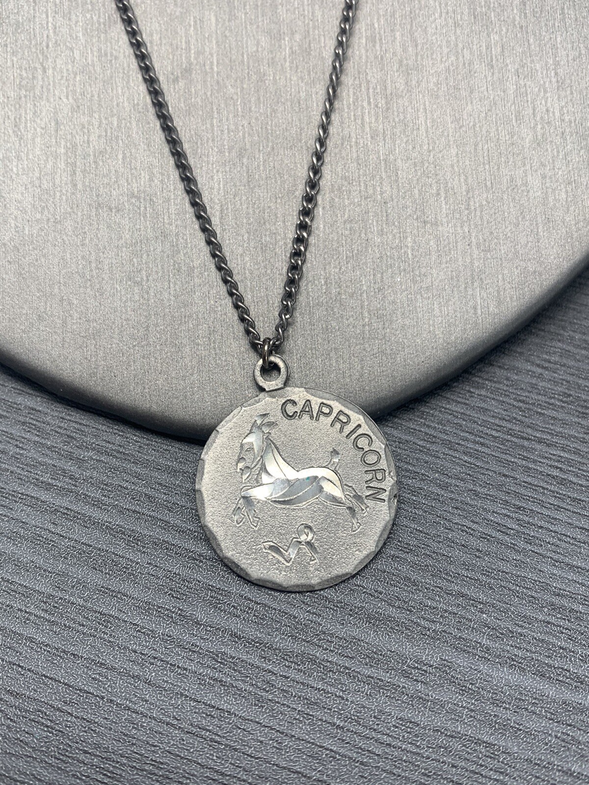 Vintage Pewter BDA Zodiac astrology Capricorn Engraved Pendant Necklace 18”