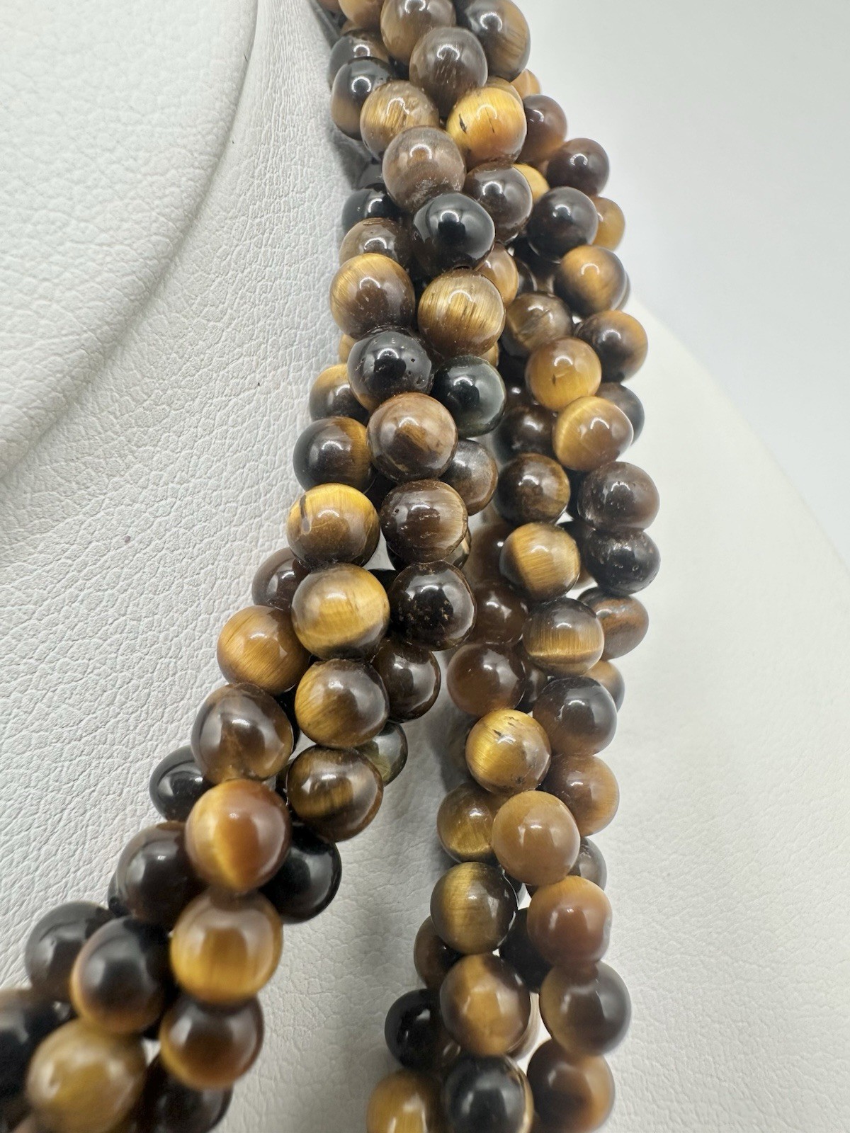 VTG 29In 4 Strand Tigers Eye Bead Necklace Caviar Gold Tone Fish Hook Clasp Read