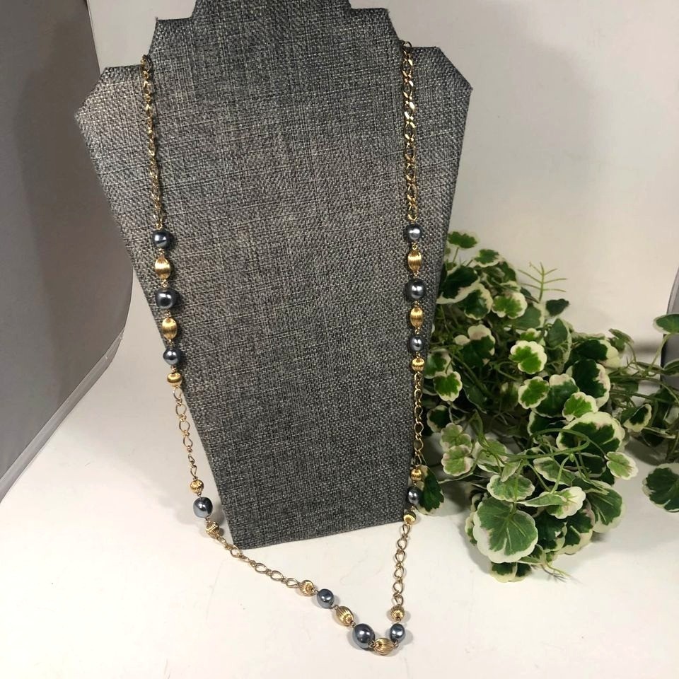 Avon Gray Faux Pearl and Fluted Beads Gold Tone Chain 36 inch Station Necklace