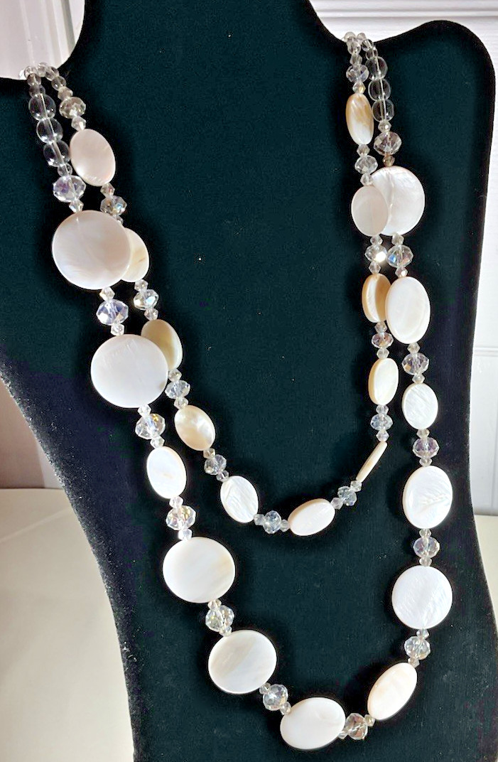 Mother of Pearl Abalone Necklace White Double Strand w/ Clear Glass Beads Chic