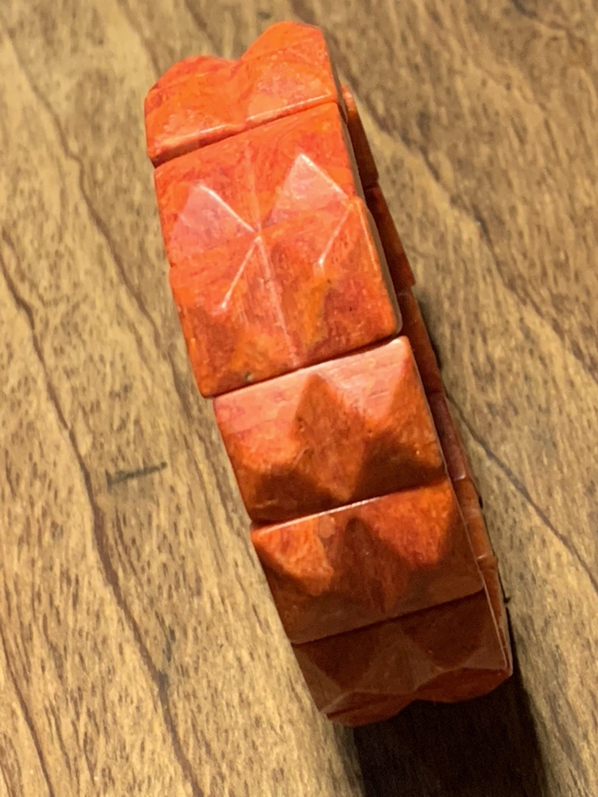 Beautiful Vintage Red Genuine Coral Carved Stretch Bracelet Bangle