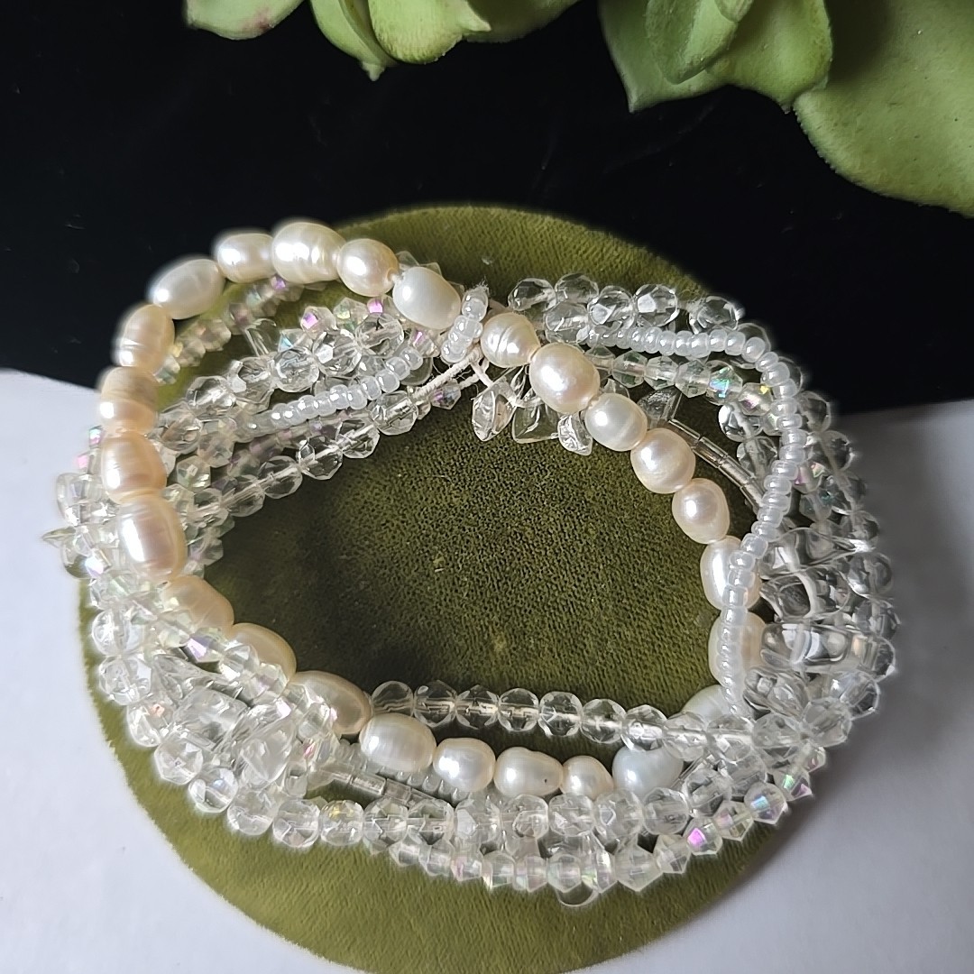 Vintage Freshwater Pearls Glass Quartz Stones Beaded Stretch Bracelets 6-7″ Wrst