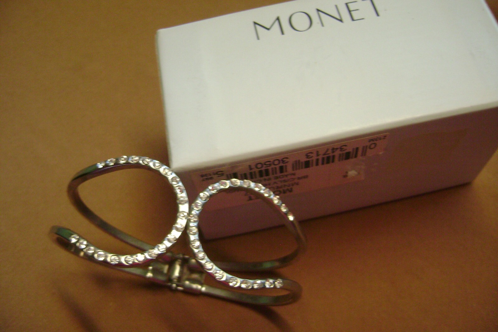 SIGNED MONET RHINESTONE HINGED OPEN CUFF/ BANGLE SILVER TONE BRACELET
