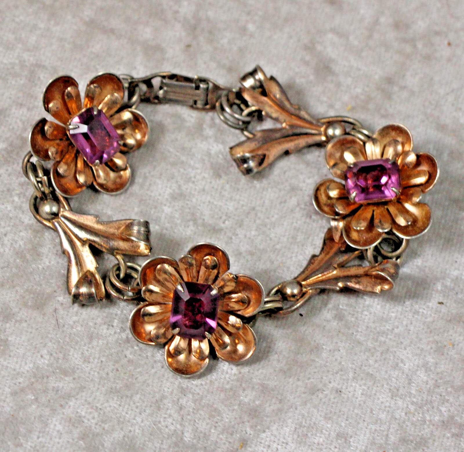 Vintage 1930s Bracelet Gold Wash Sterling Silver Flowers w Faceted Purple Stones