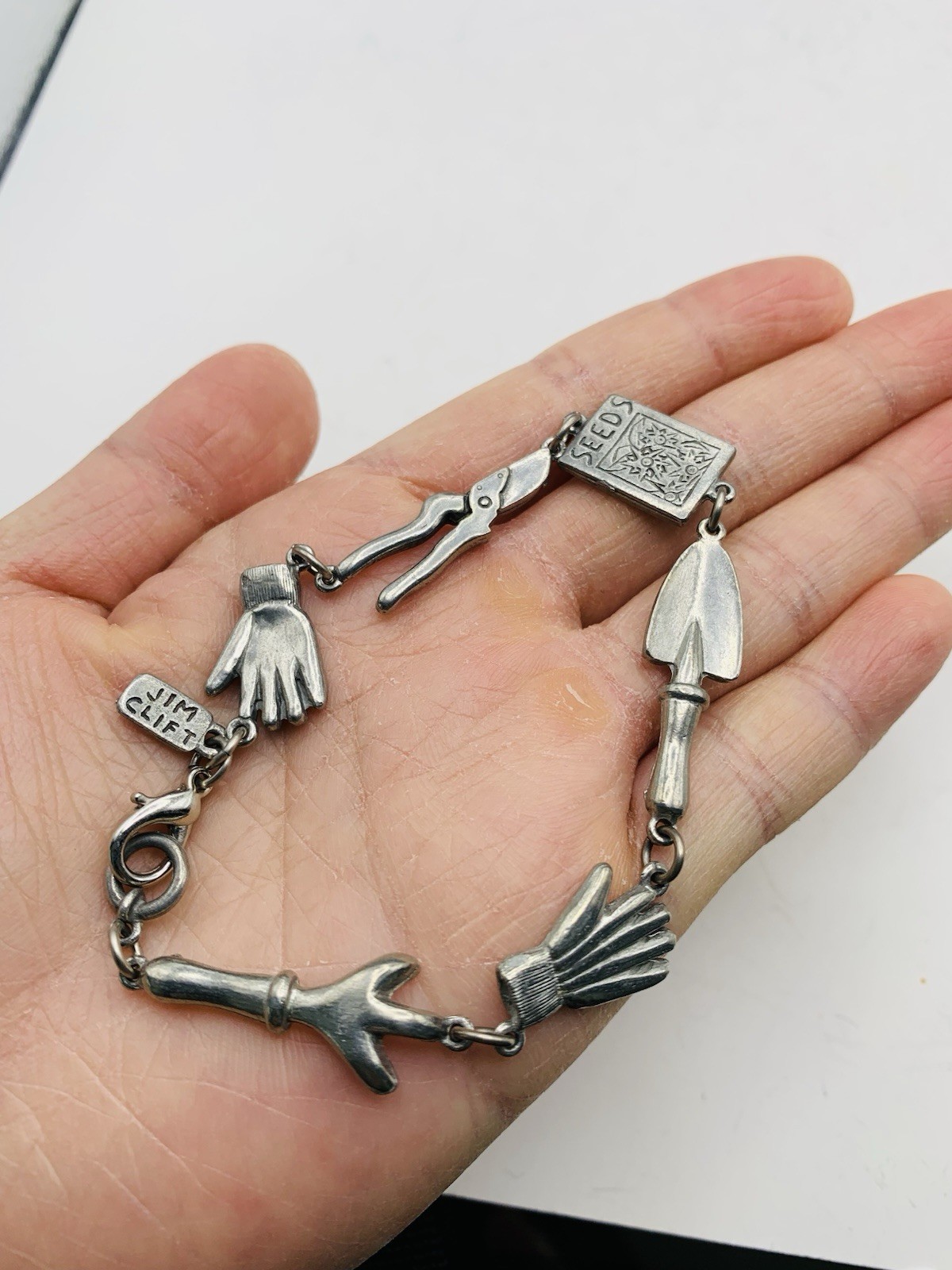 Vintage 7″ Signed Jim Clift Pewter USA Silver Tone Gardening Charm Bracelet