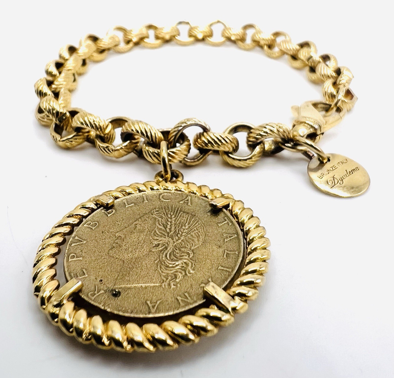 Vintage Dyadema Italy Bronze Coin Chain Link Bracelet 7.5”